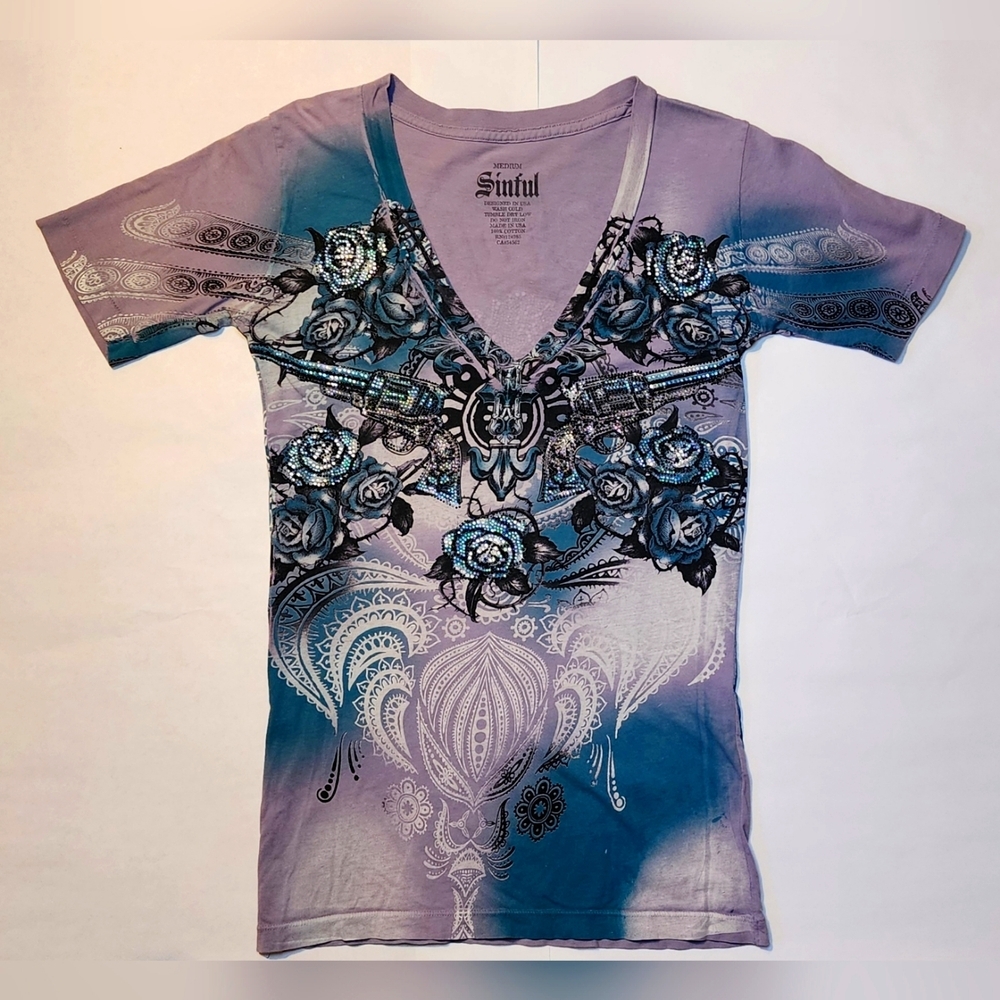 Sinful by Affliction Med Embellished Guns & Rose, Teal & Purple T Shirt